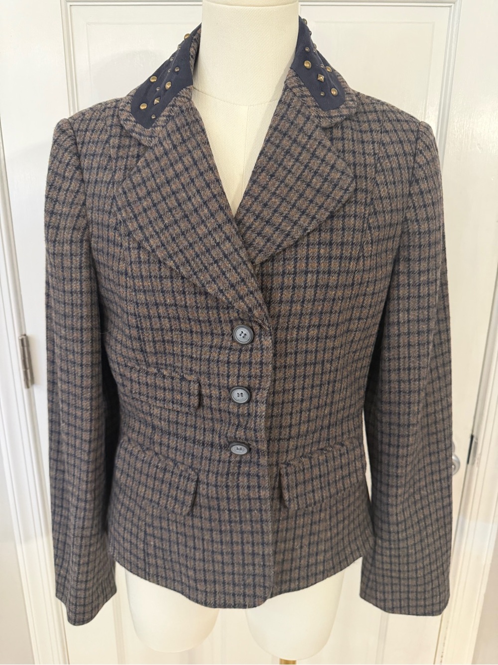 Sundance Wool Plaid Women's Tailored Blazer with Suede Stud-Trim Collar Size 6